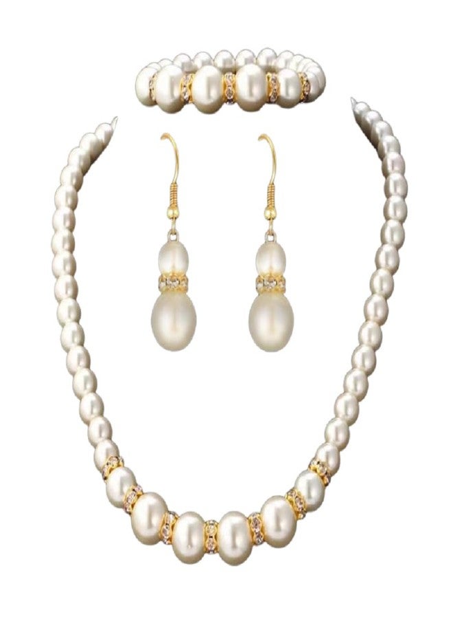 DATOA 3 Pcs Set Elegant Pearl Round Beads Imitation Pearl Acrylic Necklace Earrings Bracelet Sparkling Crystal Jewelry for Women Wedding Engagement Jewelry Set - Gold - Image 1